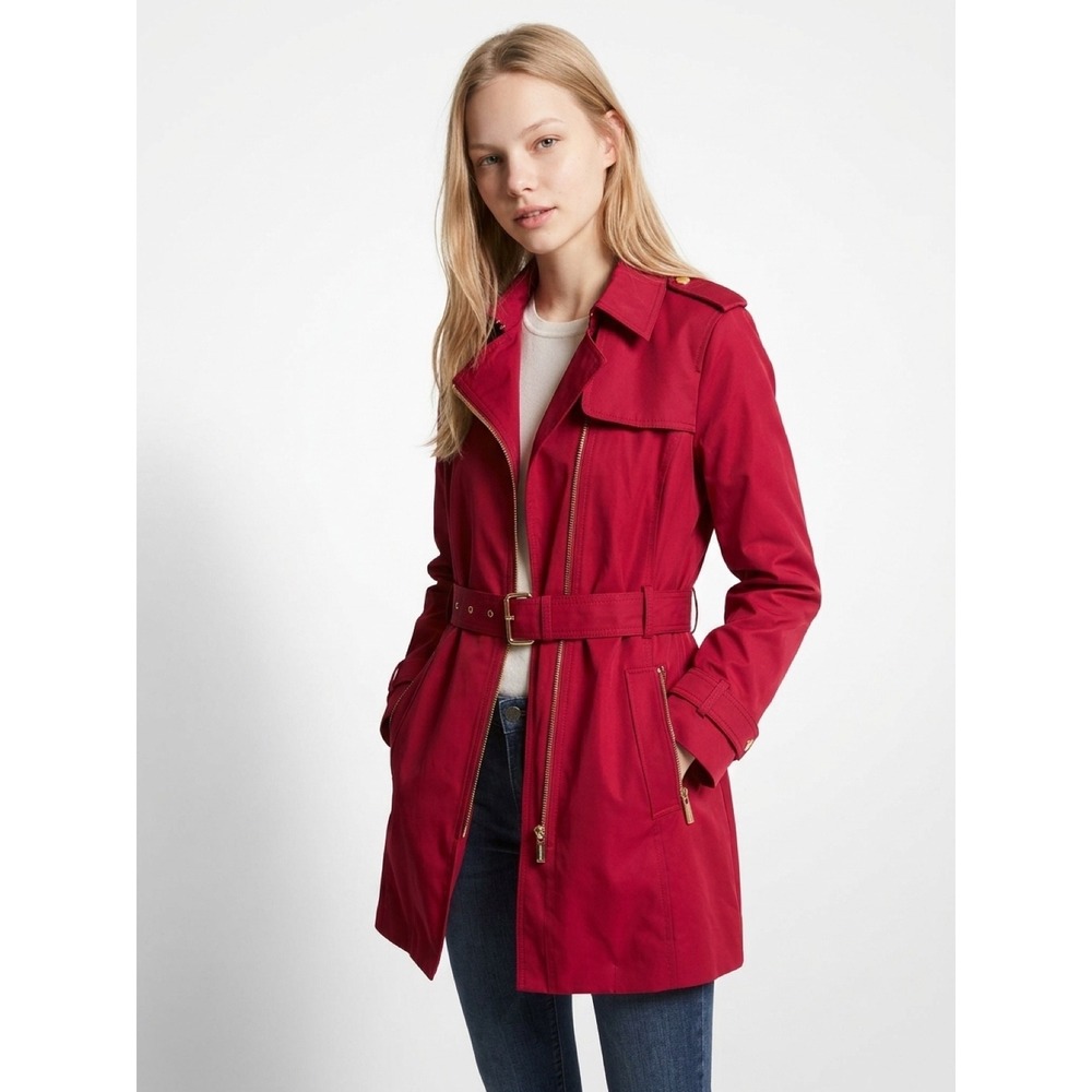 Michael Kors Asymmetric Zip Trench Coat Women Red Excellent Belted Gold Hardware